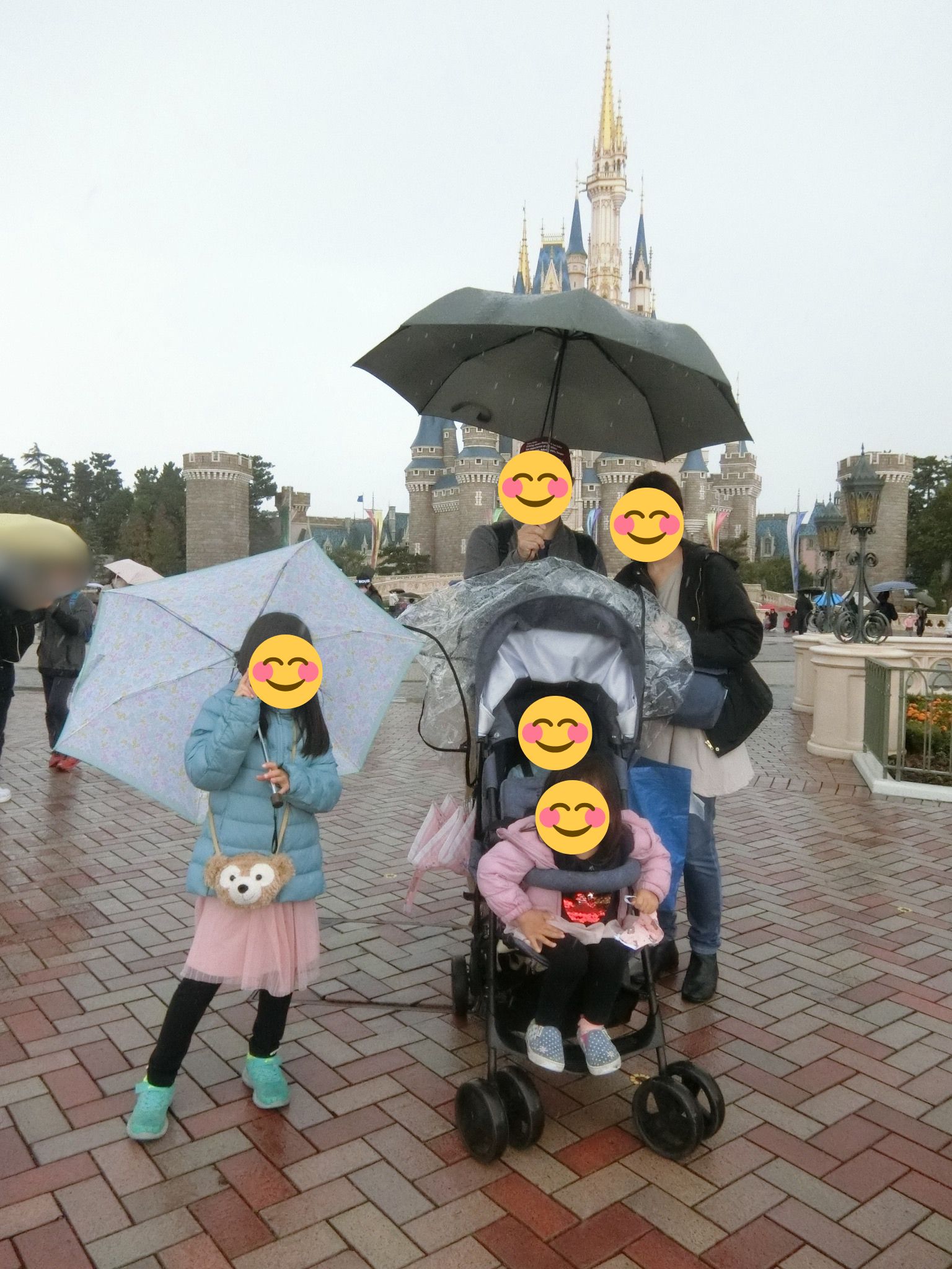 ディズニーで雨の日にレインカバーを使用している様子